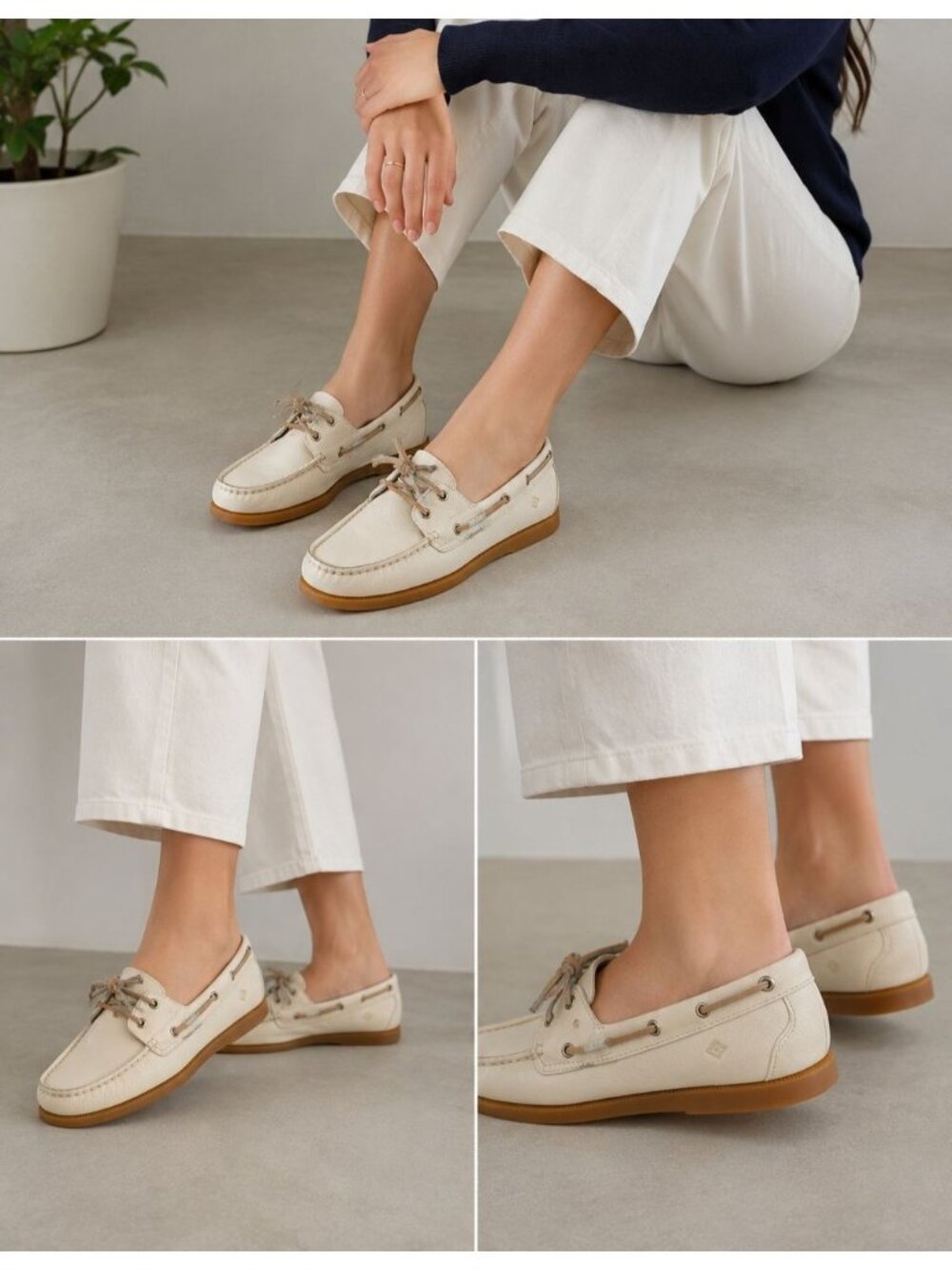 Sperry Womens 2-Eye Leather Boat Shoes Beige 8W- Excellent Condition